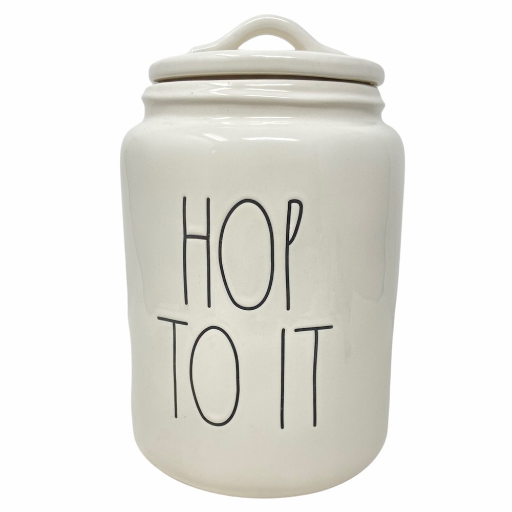 RAE DUNN Large White Canister “Hop To It”